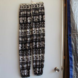 No Brand B&W Elephant Print Pant w/ Drawstring Waist & Elastic at Ankles